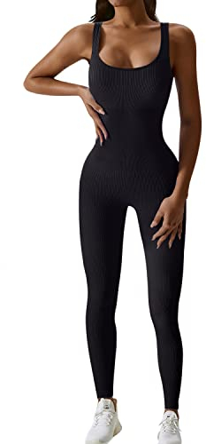 JN JANPRINT Jumpsuit Damen Kuschelig Sport Overall Eng Workout Bodysuit One Piece Tank Tops Strampler Gerippte Jumpsuits Sportanzug Einteiliger(Schwarz,XL)