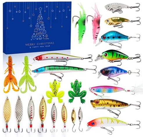 Moslalo Angel-Adventskalender 2023 für Erwachsene | 24-Tage-Angelköder-Set für Erwachsene, Männer, Teenager, Jungen | Fish Bait Tackle Weihnachts-Countdown-Kalender Überraschungsgeschenk