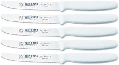 Giesser Messer Tomatenmesser Brötchenmesser Tafelmesser 11cm mit Wellenschliff 3mm - 5er Set (Weiß)