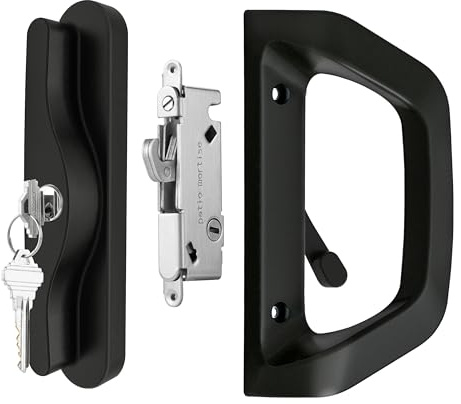 AIsecure Glasschiebetürgriff-Set mit Schlüsselzylinder und Einsteckschloss, Terrassentürschloss, passend für 8,4 cm Schraubenlochabstand, schwarz
