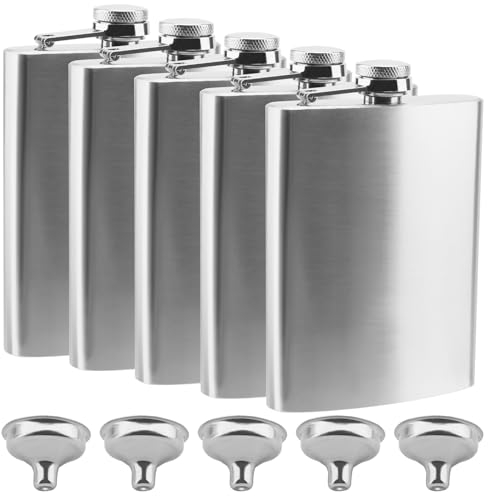 MOUYAT 5 Pack Hip Flask, 8oz Stainless Steel Whiskey Flasks for Men Women Leak Proof Portable Pocket Hip Flasks with Funnels for Hiking Climbing Camping Barbecue and Party