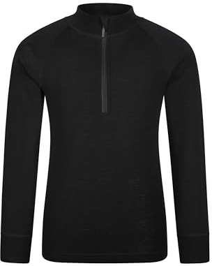 Mountain Warehouse Kids Merino Half-Zip Top - Antibacterial, Lightweight, Breathable & Moisture Wicking for Boys & Girls - Best for Autumn Winter, Camping & Outdoors Black Kids Size 11-12 Years
