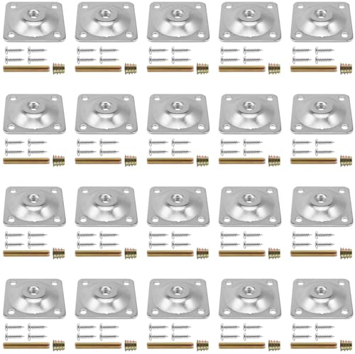 JEUIHAU 20 PCS Furniture Leg Attachment Plates, Table Leg Hardware Mounting Plate, Furniture Leg Mounting Plate M8 with Hanger Bolts, Screws, Sofa Leg Mounting Plates Flat for Couch Seat