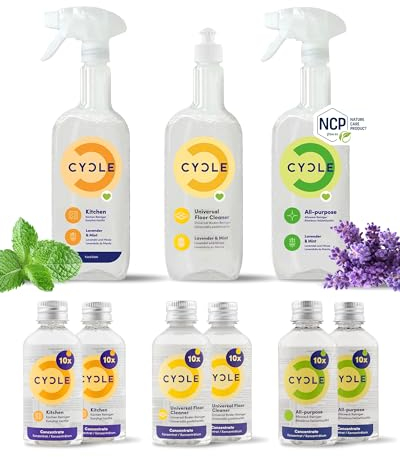 CYCLE Zuhause Reiniger Set – 2x Küchenreiniger, 2x Bodenreiniger, 2x Allzweckreiniger (Konzentrate je 50 ml) & 3 Sprühflaschen (2 Sprühköpfe, 1 Verschlusskappe) – Veganes Putzmittel Set 9-teilig