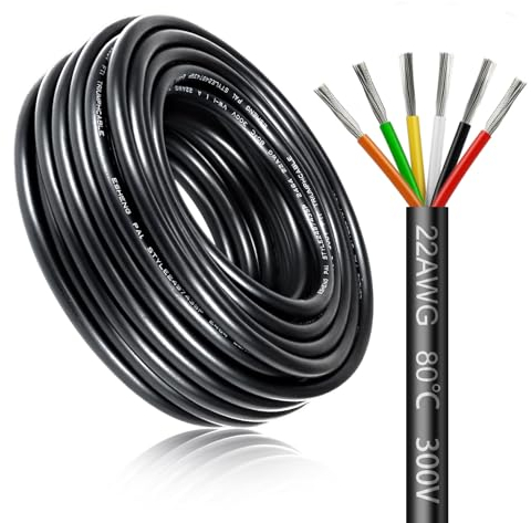 10 Meter 22AWG 6x0,3mm² Elektrischer Kabel, 6 Adriges Kabel 5V/12V/24V/300V Stromkabel Verzinntes Kupferkabel, Flexibel und Weich Niedrige Impedanz Hohe Temperaturbeständigkeit Verlängerungskabel
