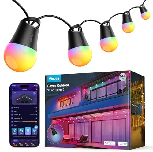 Govee Outdoor LED Lichterkette Außen 2, 45M Dimmbare RGBICW Lichterkette mit 16 Millionen Farben und 47 Szenenmodi, 100lm pro LED Lebensdauer 25000h, IP65 Wasserdicht, Funktioniert mit Alexa, Google