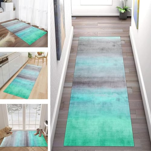Buatisf Läufer Teppich Lang Flur Küche Grün Grau Gradient Teppichläufer Küchenläufer rutschfest Waschbar für Korridor Wohnzimmer Schlafzimmer Esszimmer Küchenteppich Meterware Anpassbar