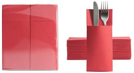 Aroba 1250 Soft Point Besteckservietten weiches Material, Volumen & Struktur | fertig gefaltete Servietten mit Schlitz | 32x38 cm 1/8 Falz Bestecktasche |gute Qualität Rot
