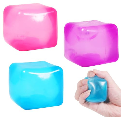 3pack Stress Cube Squishy Stress Balls for Adults Kids Fidget Toy for Your Best Mellow and Chill -Ice Cubes-Square Shape with Filling in Pink Purple Blue (3pcs Cube )