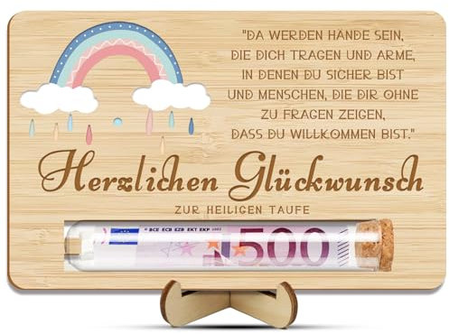 Johiux Geldgeschenk zur Taufgeschenke für Mädchen und Jungen,Geldgeschenk Taufe Mädchen,Sinnvolle Geschenke zur Taufe Hölzerne Taufkarte Mädchen mit Sockel Schönes Taufgeschenk. (B)
