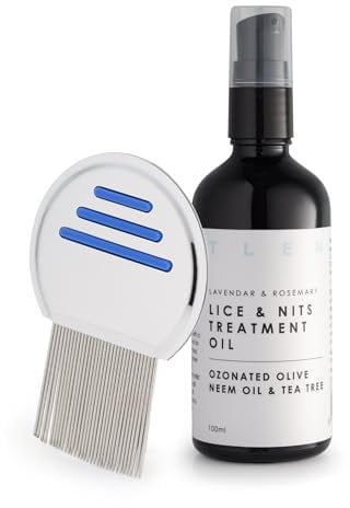 Natural Lice & Nits Treatment Oil Set with Comb and Cap | Vegan, Non-Toxic, Gentle, Plant-Based Formula with Ozonated Olive Oil, Neem, Tea Tree, Lavender & Rosemary Essential Oils 100ml Glass Bottle