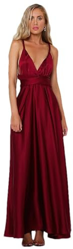 Jamron Femme Elégant Col en V Profond Robe Satin de Soirée Multi Way Robe Portefeuille Robe de Bal Maxi Longue Bourgogne SN0703227 S