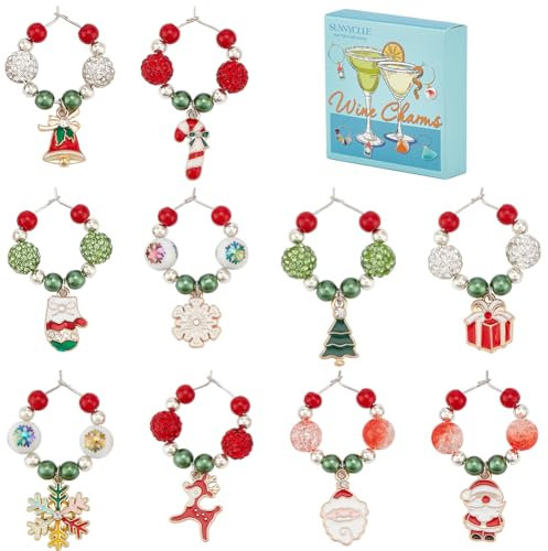 SUNNYCLUE 1 Box 14Pcs Enamel Christmas Wine Glass Charms Glass Identifiers Alloy Metal Winter Santa Claus Identification Drink Markers Tags for Gathering Wedding Gift Holiday Party Favor Drinks Decor