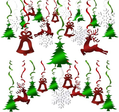 Weihnachtsdeko 30 STK. Weihnachtsbaum Deckenhänger Weihnachtsglocken Wirbel Hängende Dekoration Schneeflocken Luftschlangen Spiralen mit Aufhänger Weihnachten Deko Rot Grün