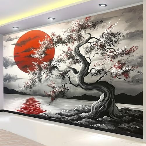 Panoramique Murale Soleil Rouge De Cerisier En Fleurs De Style Japonais Papier Peint Intissé pour Salon Chambre Enfant Chambre Décoration Murale Poster Tableaux Photo Muraux 200x140 cm