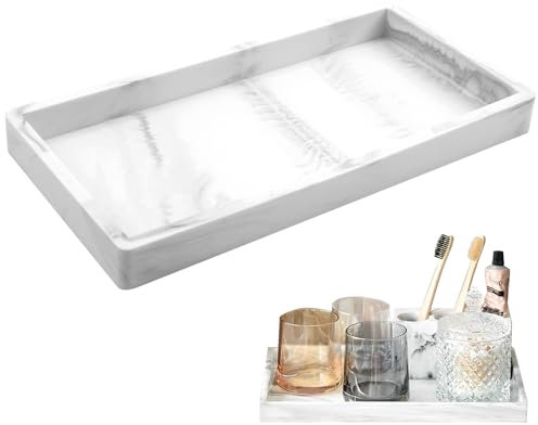 Smomend Vassoio da Bagno in Resina, Organizzatore Multifunzionale per Cosmetici, Asciugamani, Piante Grasse - Elegante Design Effetto Marmo Bianco