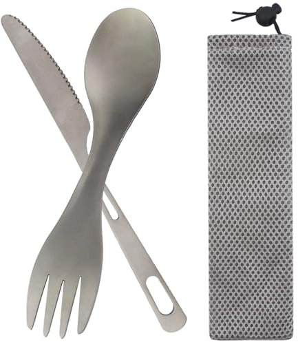 LIBAIDZ Lot de 2 Couverts de Camping,1 Pcs Titanium Camping Cuillère-Fourchette + 1 Pcs Couteau en Titane,avec Pochette Ustensiles Portables,pour Pique-Nique,Extérieur,Randonnée