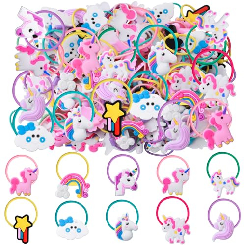 100 Stück Einhorn-Haargummis für Mädchen Elastische Einhorn-Haargummis Pferdeschwanzhalter Nahtlos und Weich Cartoon-Haaraccessoires