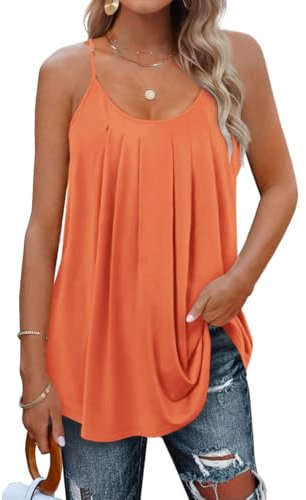 SENBATU Débardeur Femme Bretelles Spaghetti sans Manches Hauts D'été Femme Plissé Col Rond Chemisier Uni Rose Corail Grand L 42-44