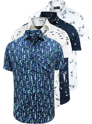 WJL WHISPERING JONES LONDON Mens 4 Pack Hawaiian Short Sleeve Beach Holiday Summer Designer Floral Shirt Menswear Printed Top, Pack 2, M