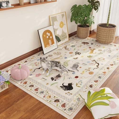 Rugcomf Bereich Teppich 4x6 Teppich Waschbar Boho Teppiche Rutschfest Niedriger Flor Blumen Tier Katze Kleiner Teppich für Schlafzimmer Bettseite Kinderzimmer Büro Esszimmer, Beige