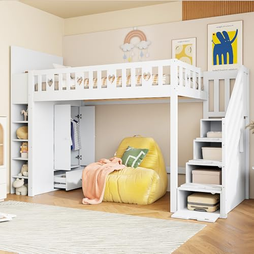 Rvjiahe Hochbett, Aufbewahrungsleiter, Regale, Faltschrank, Freiraum unter dem Bett für Verkleidung Liebesgeländer, ohne Matratze (Weiß, 90 x 200 cm)