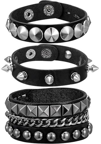 ClcIosis 3 Stück Punk Rock Lederarmband, Punk Accessoires Emo Accessoires, Schwarz Verstellbar mit Spitzem Leder und Nieten, 80er Jahre Goth Manschette Armband für Männer und Frauen