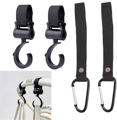 Annlpoy 4 ganci per passeggino, amaca passeggino accessori, attacco passeggino per bambini, adattatori neri multifunzionali, accessori portaborsa e spesa, robusti e girevoli a 360 gradi