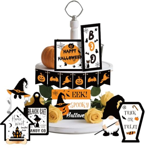 AHANDMAKER 16 Pieces Halloween Tiered Tray Decor, Cute Pumpkin Wooden Decorations Set, Cute Gnomes Table Top Decor for Farmhouse Halloween Tabletop Centerpieces Decorations