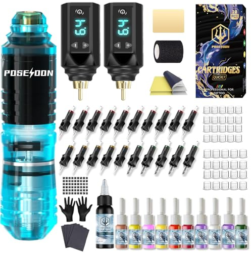 POSEIDON Akku-Rotary Tattoo Machine Kit mit 20 Tattoo-Kartuschennadeln, Tintenset & 2 Akkus | Professionelles Tattoo-Gerät für Anfänger | Komplettes Starter-Set (HM142)