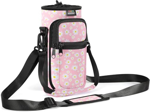 Nuovoware Water Bottle Carrier Bag, 750ml Bottle Pouch Holder, Adjustable Shoulder Hand Strap 2 Pocket Sling Neoprene Sleeve Sports Accessories for Hiking Travelling, PinkDaisy
