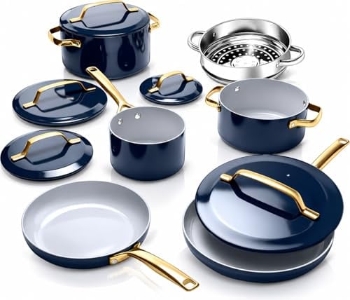 Gotham Steel Modernes 11-teiliges Keramik-Kochgeschirr-Set, elegant gestaltete Töpfe und Pfannen, antihaftbeschichtet, mit Dampfgarer, Induktionsboden, Premium-Griffe, ungiftig, PFOA-frei, ofen- und