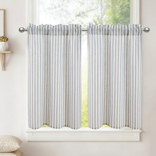 DWCN Kurze Vorhänge Blau Scheibengardinen Halbtransparent H90xB60cm 2er Set | Gestreift Blau, B60cm 2er Set Leinenoptik Gardinen Kurz Schrankvorhang Modern Bistrogardine für Badezimmer Kinderzimmer
