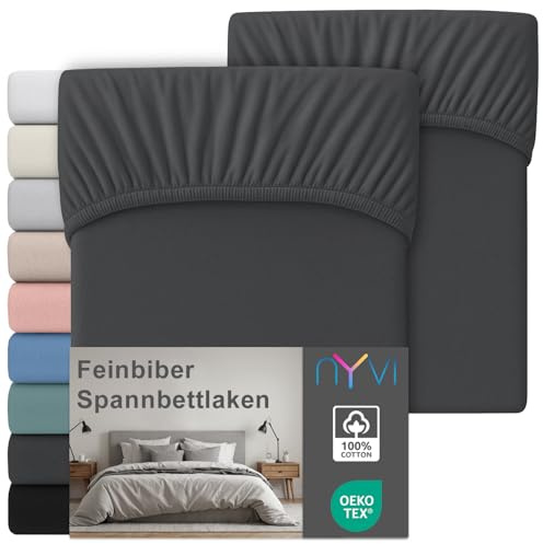 NYVI Feinbiber Spannbettlaken Deluxe für Matratzen bis 25 cm Steghöhe - Extra Warm & Weich, 100% Baumwolle, Bügelfrei, Vorgekrumpft - 90x200 cm (2er Set) Anthrazit