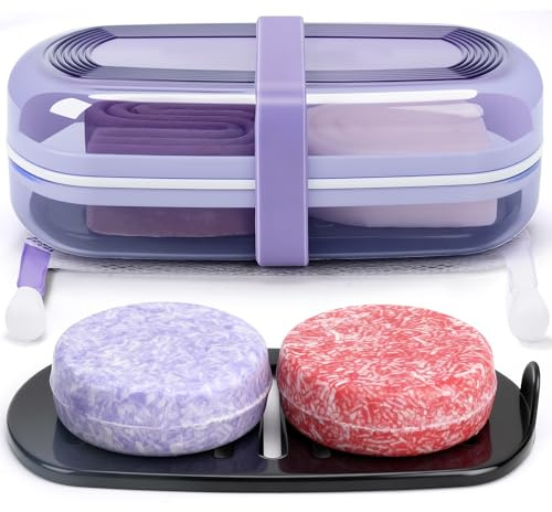 Shampoo Bar Holder and Soap Case, Leakproof Travel Container with Lid & Drain Tray, Includes Silicone Strap and Soap Bag, Compatible with Kitsch Solid Shampoo & Conditioner Bars(Grape Purple, Large)