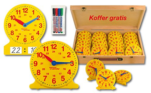 Wiemann Lehrmittel Lernuhren - Klassensatz mit 25 Schüleruhren und 2 unterschiedliche Lehreruhren im Holzkoffer