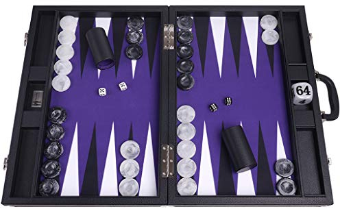 Wycliffe Brothers Backgammon Turnierset 53 x 73 cm – Masters Edition – schwarzer Koffer aus Kunstleder – Spielfläche in Lila, Weiß und Schwarz – professionelles Backgammon-Spielset