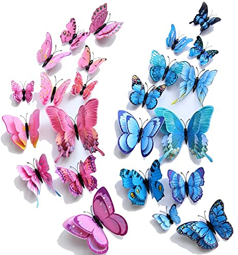 WandSticker4U®- 24er hochwertige 3D SCHMETTERLINGE ROSA und BLAU mit Magnet & Doppelflügel I Schmetterlinge Deko für die Wand Kühlschrank Möbel Wohnzimmer Kinderzimmer Küche Butterfly