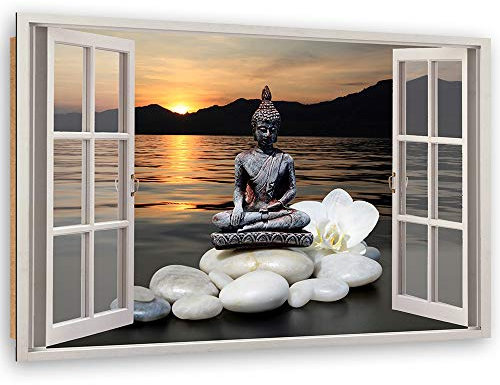 Feeby Décoration Murale Fenêtre Vue 3D Bouddha 90x60 cm 1 pièce Tableaux Tableau Imprimée Image Photo Moderne Décoration Murale Artistique Photographie Design Cuisine Salon Chambre à coucher Coloré