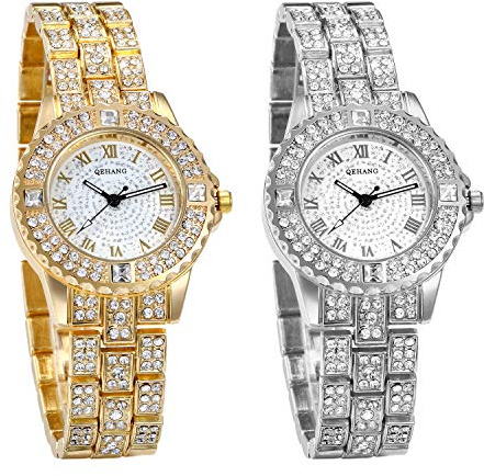 JewelryWe Damenuhr Elegant Armbanduhr Damen mit Strass Glitzer Römanische Ziffer Metallarmband Analog Quarz Uhr