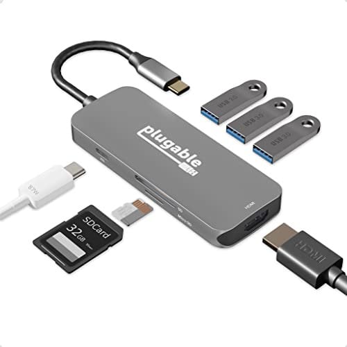 Plugable USB-C Hub 7-in-1, USB C Hub Compatible with Mac, Windows, Chromebook, USB4, Thunderbolt 4, and More (4K HDMI, 3 USB 3.0, SD & microSD Card Reader, 87W Charging)