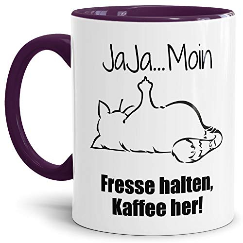 Tasse mit Spruch - Nö-Katze Ja Ja Moin - lustige Tasse für die Arbeit/Bürotasse/freche Tasse mit Katze/Geschenkidee lustig - Innen & Henkel Violett