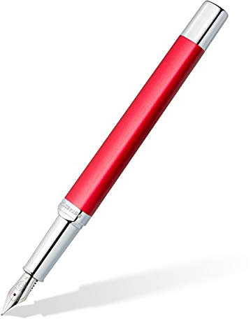 STAEDTLER Füllhalter triplus 474 F, Farbe Roaring Red, hochwertiges Metallgehäuse in ergonomischer Dreikantform, Stahlfeder F, mit Patrone in Schreibfarbe Blau, 474 F02-3