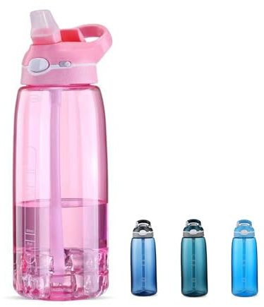 DEARART 1000ml rosa Wasserflasche, transparent, leicht zu reinigen, BPA-frei, auslaufsicher, Wasserflaschen haben Griff, leicht zu tragen, geeignet für Yoga, Fitnessstudio, Sport, Büro