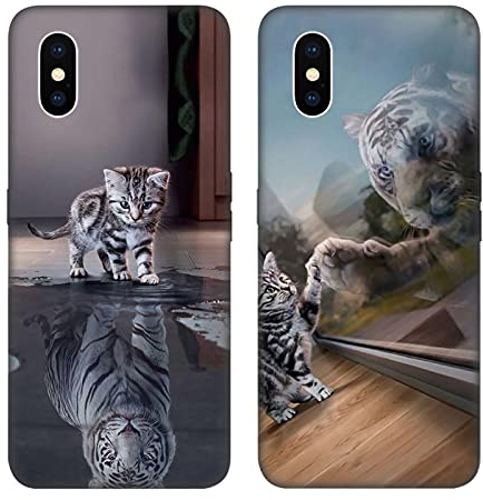 DiaryTown 2 Pack Hülle für iPhone X/iPhone XS Liquid Silikon Handyhülle mit Motiv Schutzhülle Ultra Dünn TPU Bumper Rundumschutz Schwarz Case für Cover iPhone X - Katze & Tiger