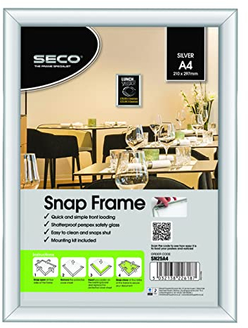 Seco SN25A4-10 Aluminiumrahmen, A4, silberfarben, 210 x 297 mm, leicht zu öffnen, für Poster, Verkaufsstellen, Speisekarten, Gesundheits- und Sicherheitshinweise, ideal für Büros, Einzelhandel und