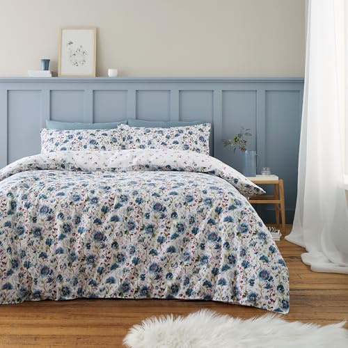 Bianca Brushed Cotton Ophelia Floral Reversible King Duvet Cover Set with Pillowcases Blue