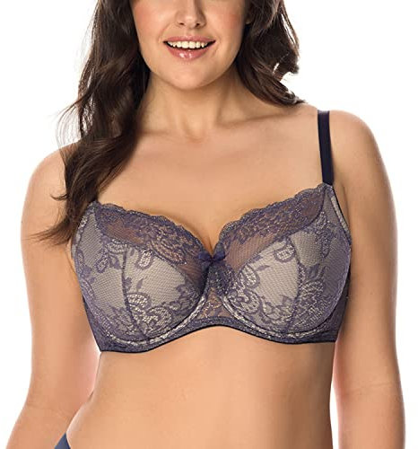 Vivisence Underwired Bra Lace Semi Padded Bra Half-Padded Cups Floral Lace Details Adjustable Straps Side Seam Boning Perfect for Elegant Gift, Dark Blue,36F