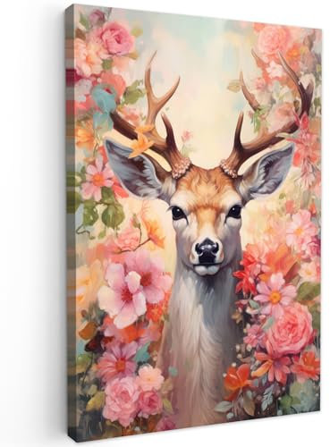 MuchoWow© Leinwand Groß 80x120 cm XXL Deko Schlafzimmer Aesthetic Leinwandbilder Wohnzimmer Gemälde Foto Geschenk Living Room Decoration Hirschkopf Wanddeko Hirsch Bild - Reh - Blumen - Rosa