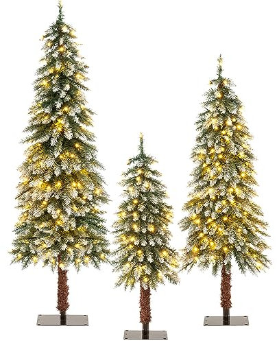 GYMAX Set di 3 Albero di Natale 90 cm 120 cm 150 cm, con Luci a LED, Folto e Realistico, Montaggio Facile (Stile1)